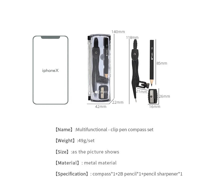 JIANWU Black Metal Compass Geometry Set Zinc Alloy Multifunction-clip Pen Compass Writing Drawing Tools School Office Stationery