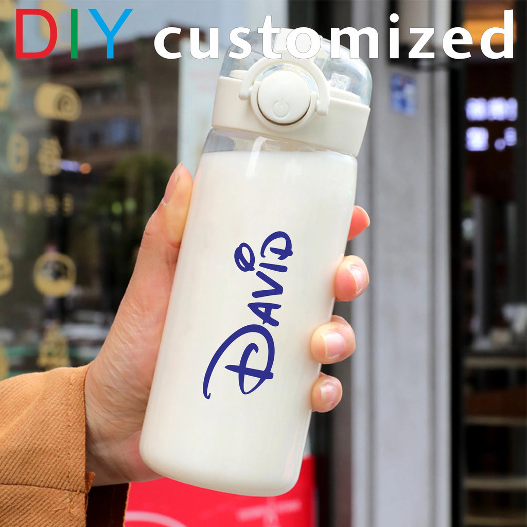 DIY 400MLSchool Bottle Plastic Customize Print Name Kid's Children Cup Straw Tube Ring Handle Easy Take Food Safety Material