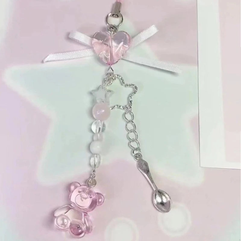 Sweet Bowknot Pendant Phone Chain Rope Wing Keychain Handmade Cellphone Strap Lanyard Acrylic Keyring Bag Ornament