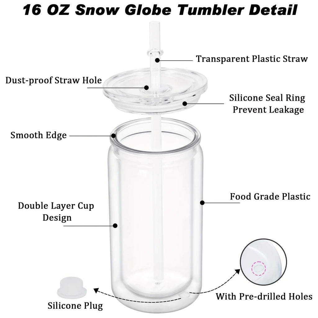 16OZ DIY Snowglobe Tumbler with Pre Drilled Hole Reusable Plastic Water Bottles Break-Resistant Mason Jar Cups for Holiday Gifts