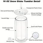 16OZ DIY Snowglobe Tumbler with Pre Drilled Hole Reusable Plastic Water Bottles Break-Resistant Mason Jar Cups for Holiday Gifts
