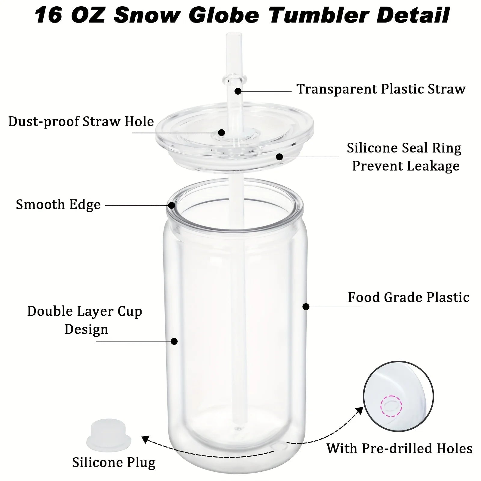 16OZ DIY Snowglobe Tumbler with Pre Drilled Hole Reusable Plastic Water Bottles Break-Resistant Mason Jar Cups for Holiday Gifts