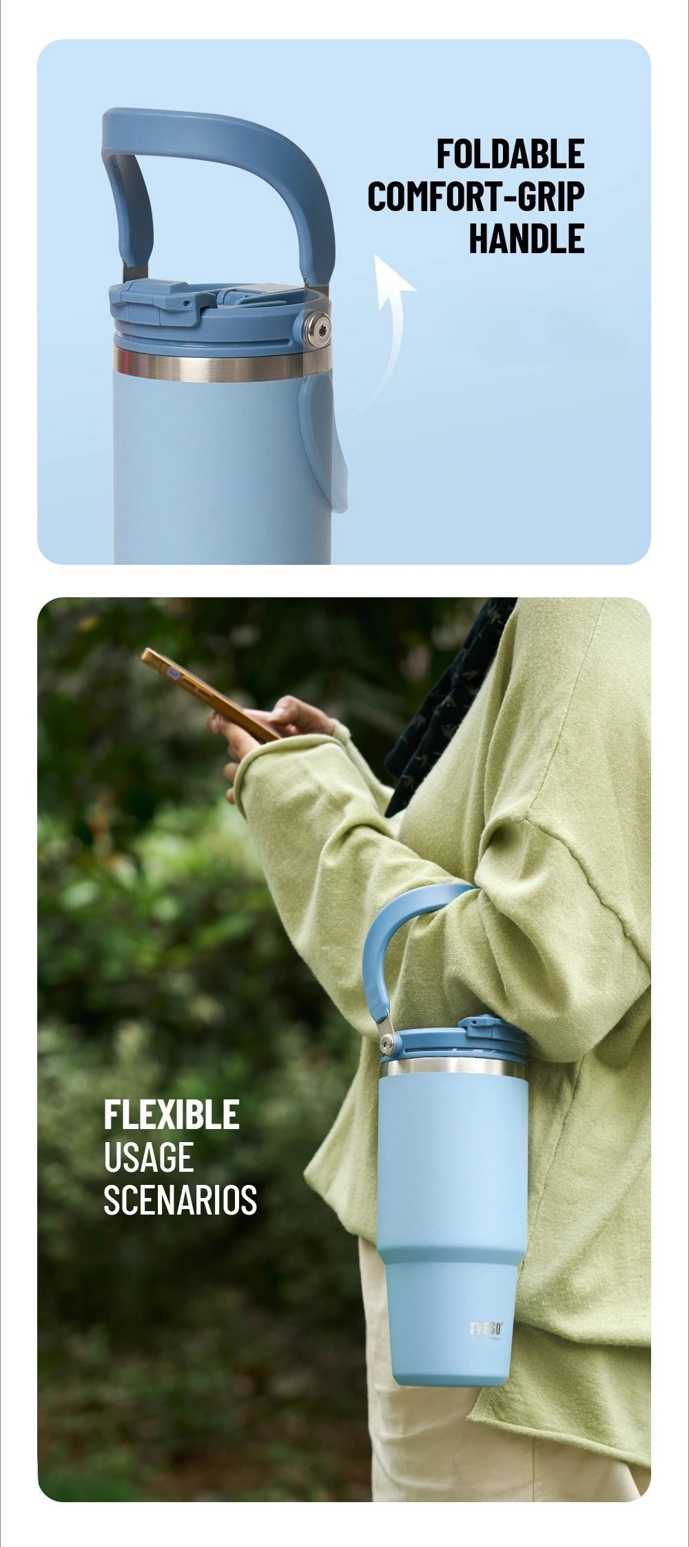 Tyeso Large-Capacity Thermoses Handle Vacuum Cup Dual-Drink Coffee Mug Stainless Steel Ice Cup Car Bottle Hot Cold Retention