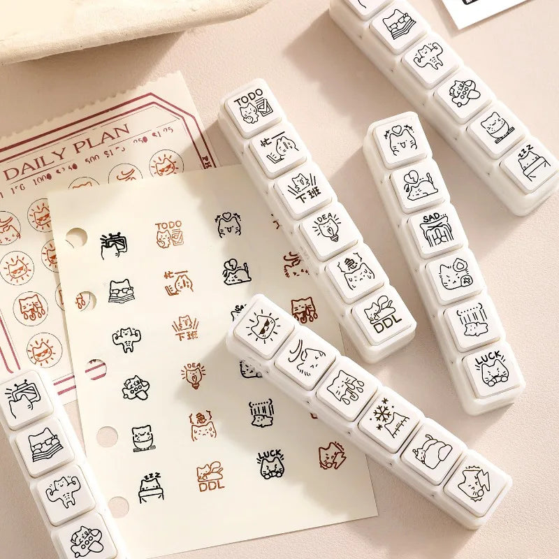 Cute Cat Emoji Stamp Daily Life Work Good Mood Series Cartoon Mini Pattern Stamps for Journaling Planner Diy Scrapbooking Decor