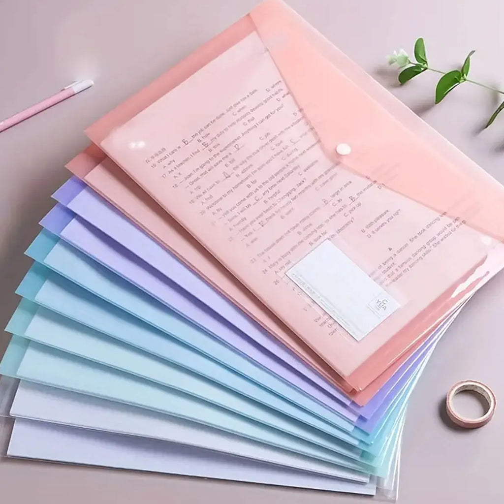 WQN-5PCS PP Plastic Envelope Clear Reusable Plastic Envelope Waterproof Folder with Button A4 Size For School Office Supplies