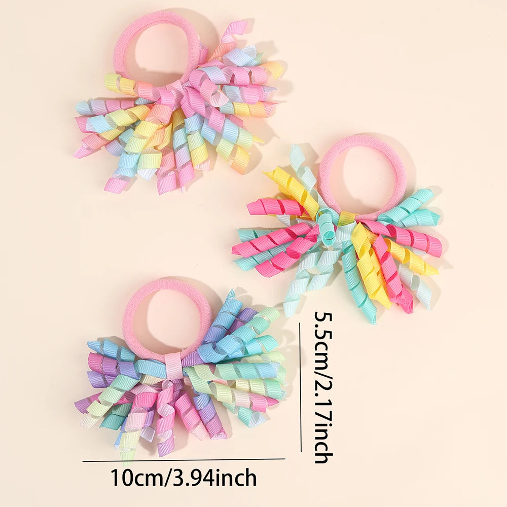 2Pcs Trendy Firework Hair Ties Rainbow Curly Ribbon Elastic Rubber Bands For Girls Kids Cute Hair Ropes Daily Hair Accessories