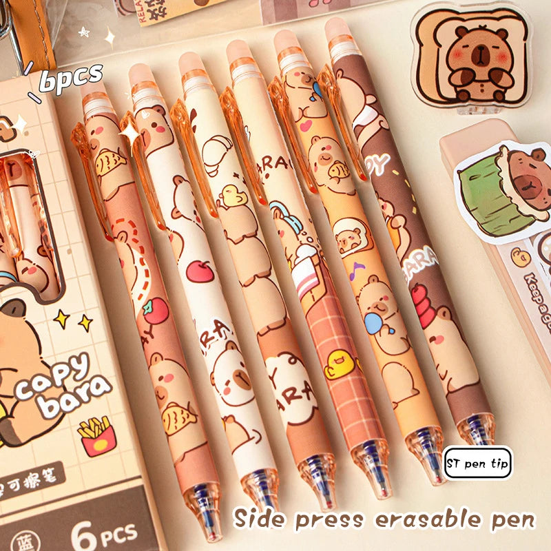 6Pcs Cute Capybara Gel Pen Set Kawaii Quick Drying Erasable Blue Ink Pens For School Office Stationery Supplies