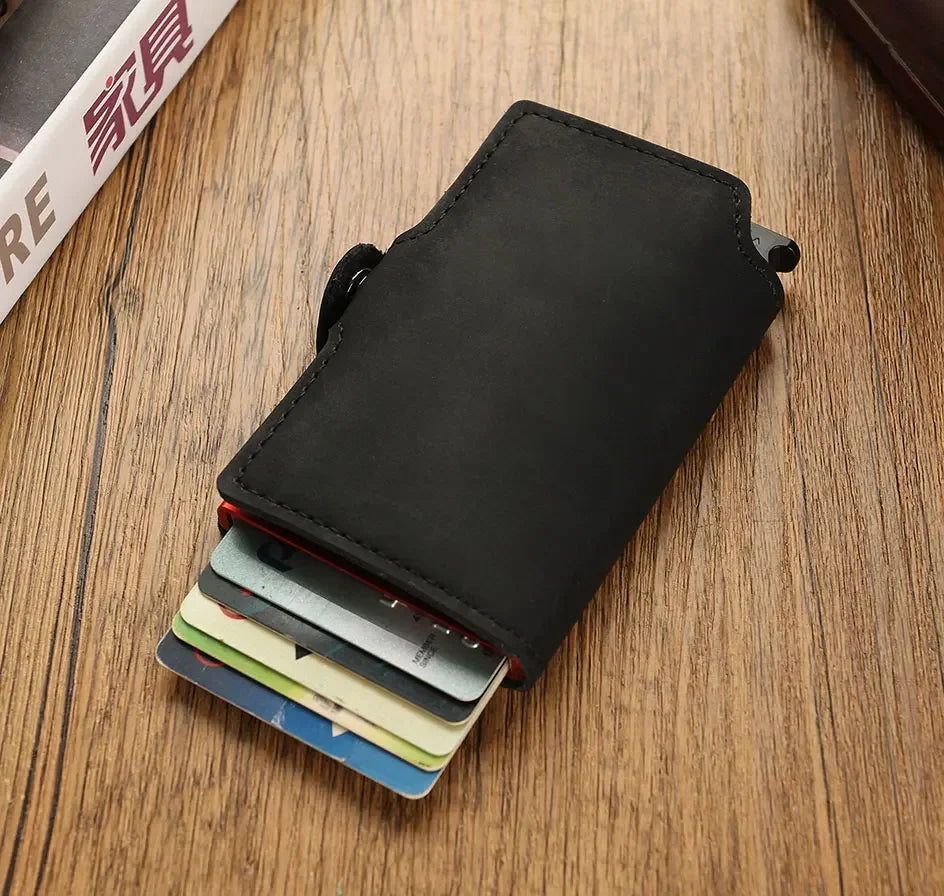 Rfid Credit Card Holder Luxury Split Leather Wallet Men Metal Slim Thin  Minimalist Wallet Bank Cardholder Case Travel Wallet