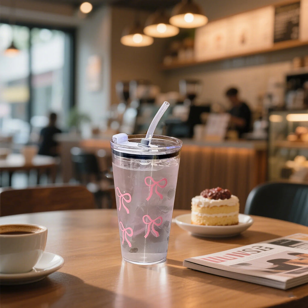 1/2/3pcs 450ml Pink Bow Plastic Cup With Straw And Lid Transparent Milk Coffee Drink Mug Household Travel Ins Water Drinking Cup