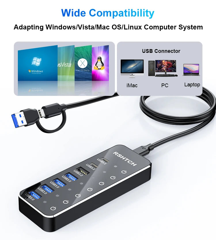 RSHTECH 7-Port Powered USB C Hub with 10Gbps USB-C 3.2 Ports Individual Touch Switches 5V/3A Power Adapter Laptop USB Splitter