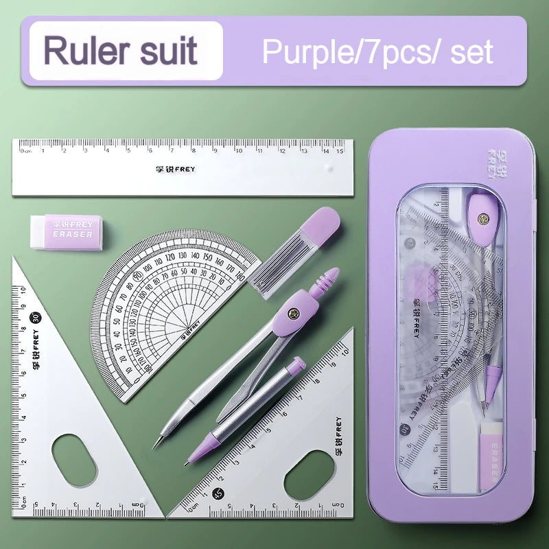 7Pcs/Set Student Compass Set School Mathematical Rulers Multi-Function Learning Professional Drawing Tool Girls Gifts Stationery