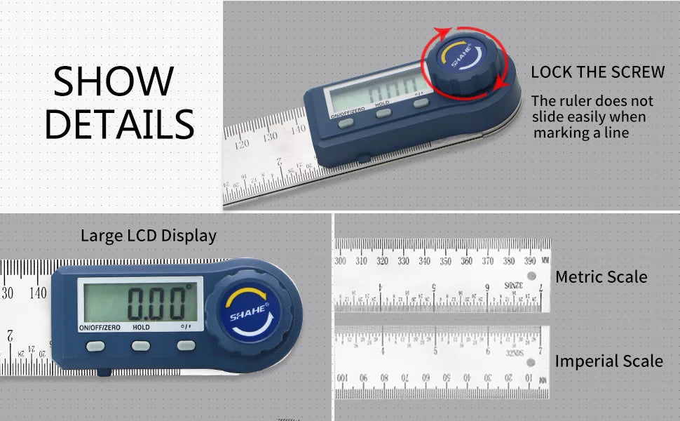 Shahe 200mm Electronic Protractor Stainless Steel Digital Angle Ruler Inclinometer Angle Finder Digital Angle Gauge