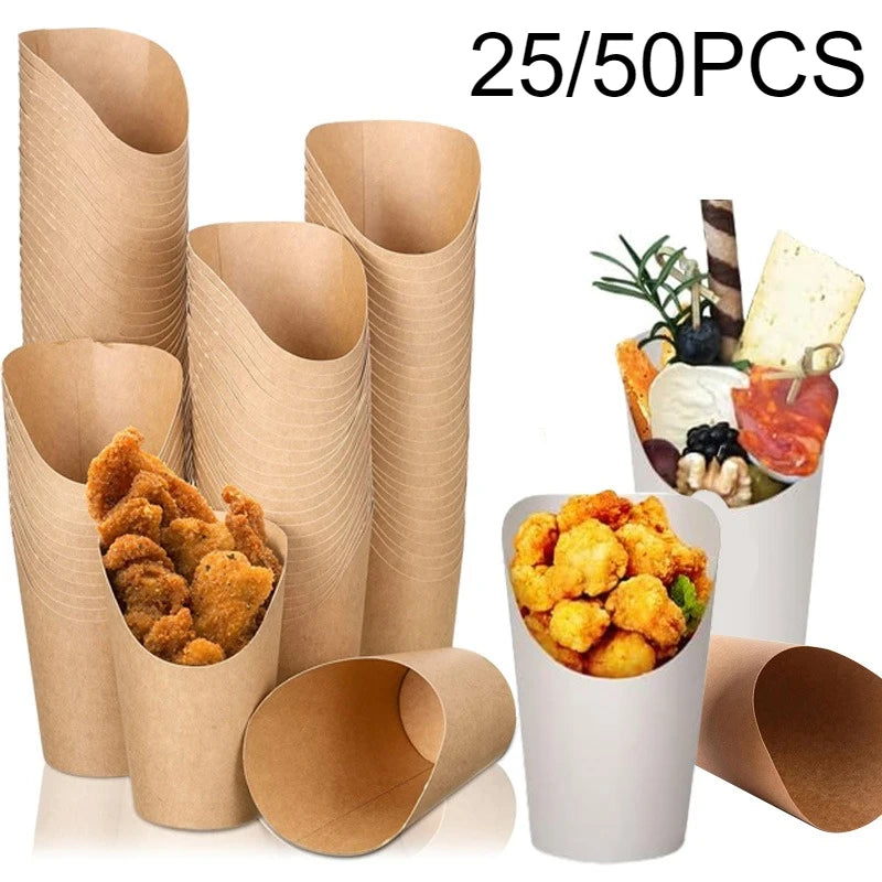 25/50PCS Disposable Slanted Mouth Paper Cups Suitable  Waffle Biscuit Handheld French Fry Cups Disposable Thick Kraft Paper Cups