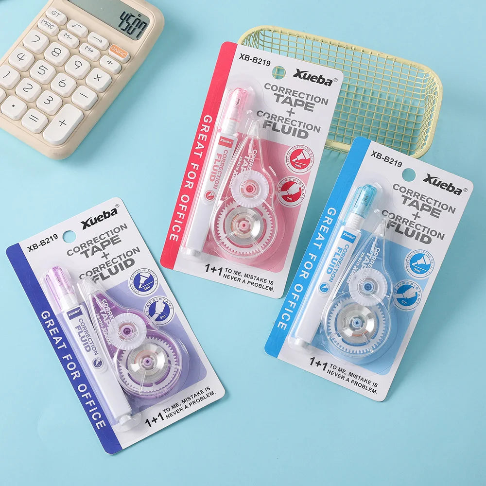 1 Correction Tape + 1 Correction Liquid Kawaii White Out Combo Quick Dry & Clean Finish Student Mistake Cover Tools Stationery