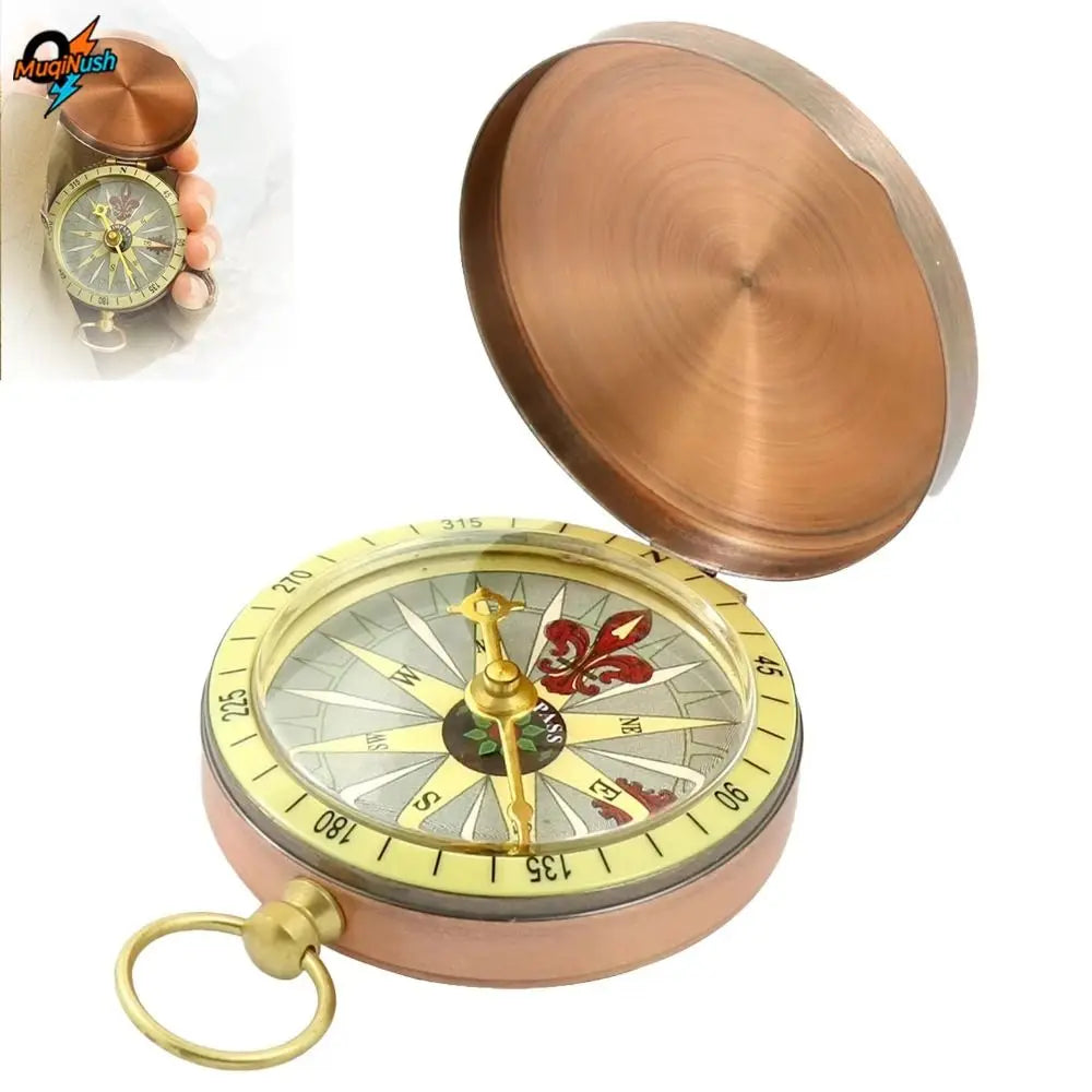 Brass Material Portable Pocket Compass Copper Gold Color Outdoor Compass Retro Style Luminous Display Camping Compass