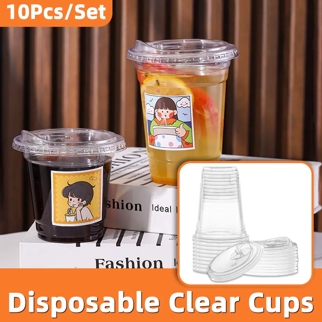 Disposable Direct Drinking Cup Transparent Plastic Cup With Lid And Sticker Leak Proof Design Suitable For Cold Drink Cups 10PCS