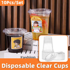 Disposable Direct Drinking Cup Transparent Plastic Cup With Lid And Sticker Leak Proof Design Suitable For Cold Drink Cups 10PCS