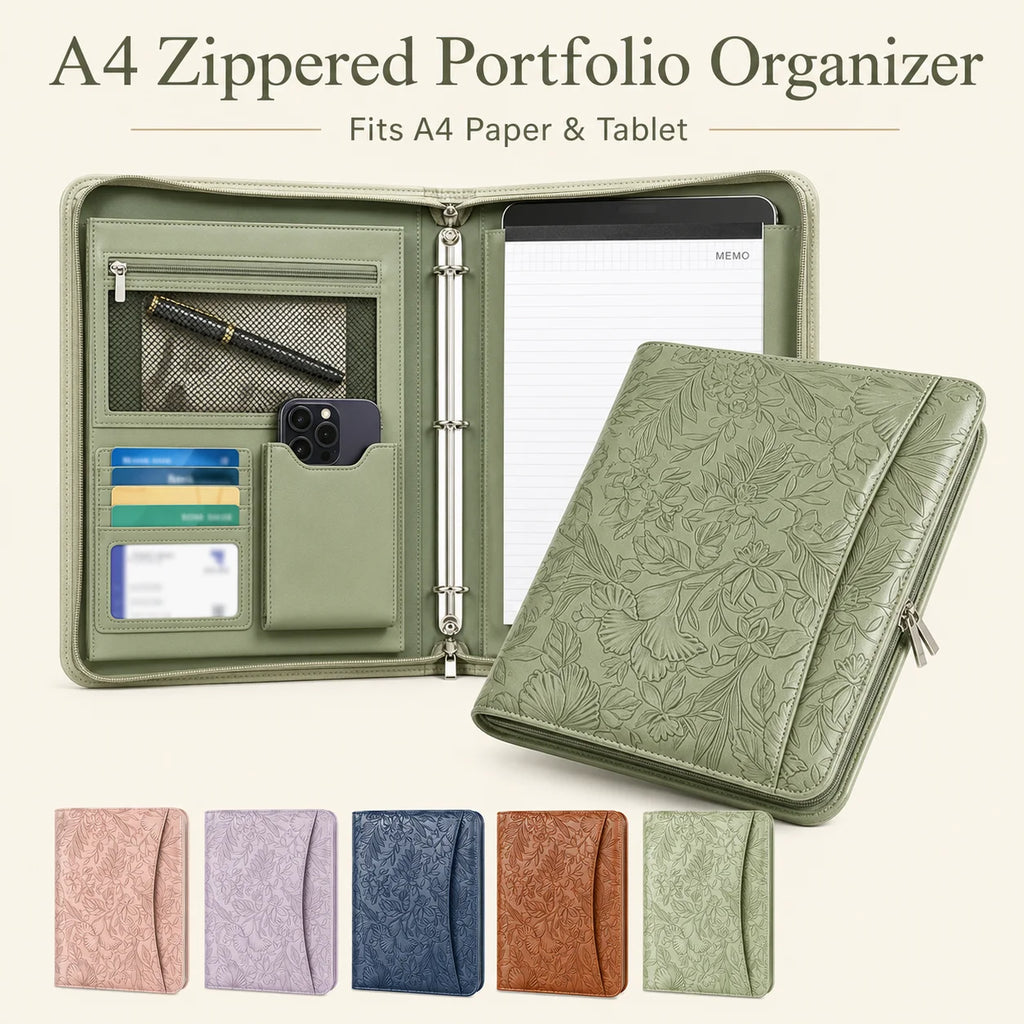 A4 Zippered Portfolio Organizer with 3-Ring Binder, Tablet Sleeve, Card Slots, Phone Pocket and Memo Pad