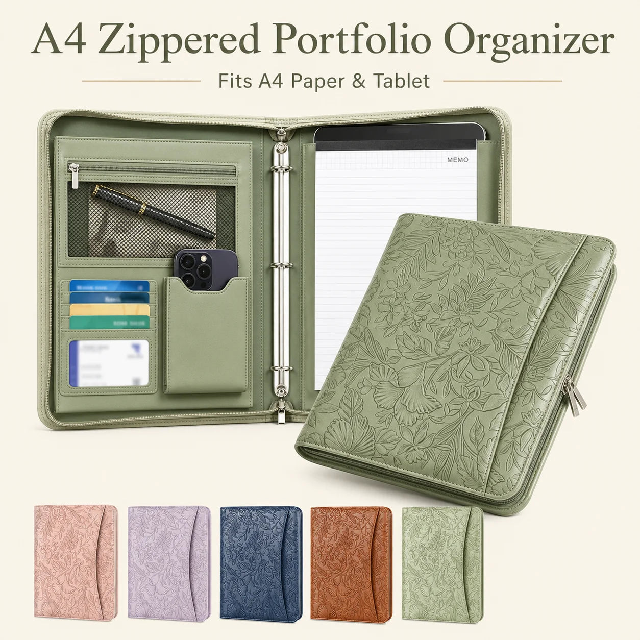 A4 Zippered Portfolio Organizer with 3-Ring Binder, Tablet Sleeve, Card Slots, Phone Pocket and Memo Pad