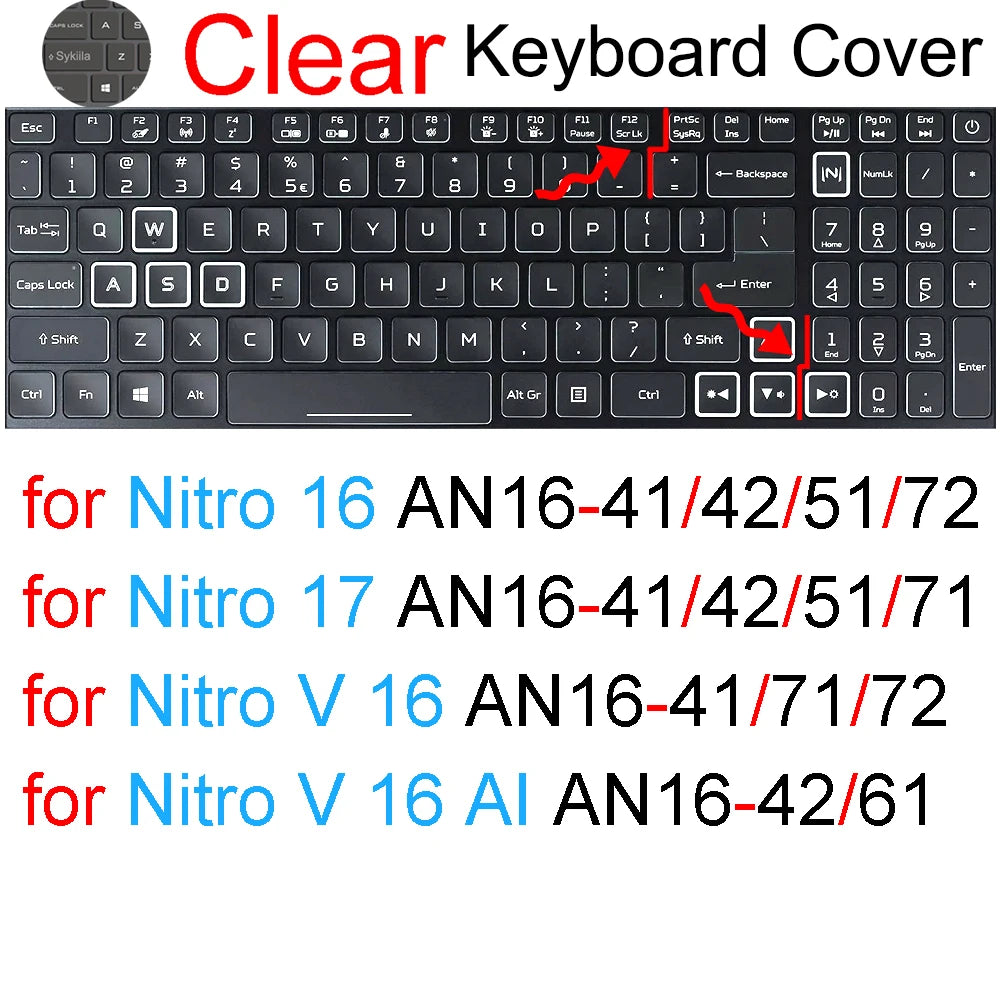 Keyboard Cover for Acer Nitro 16 16S 15 17 5 Spin 7 AN515 AN517 AN715 V AN16 AN14 ANV15 AN18 ANV16 Silicone Protector Skin Case