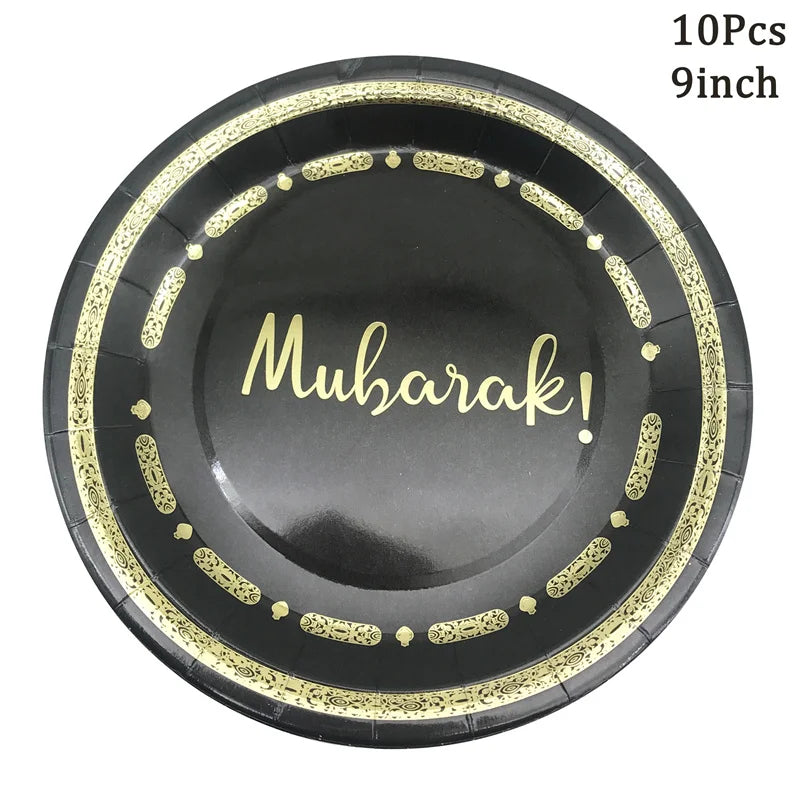 Black Gold Hajj Mubarak Disposable Paper Plates Cups Napkins Banner Balloons Home 2026 Eid Mubarak Islamic Muslim Party Supplies