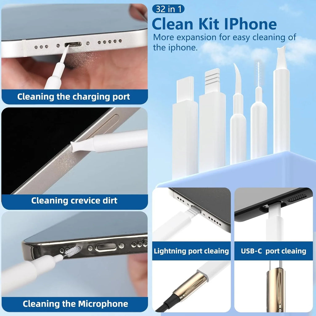 Professional 32-in-1 Electronics Cleaning Tools Set – for iPhone Port, AirPods Case, Bluetooth Earbuds, PC Keyboard, Laptop