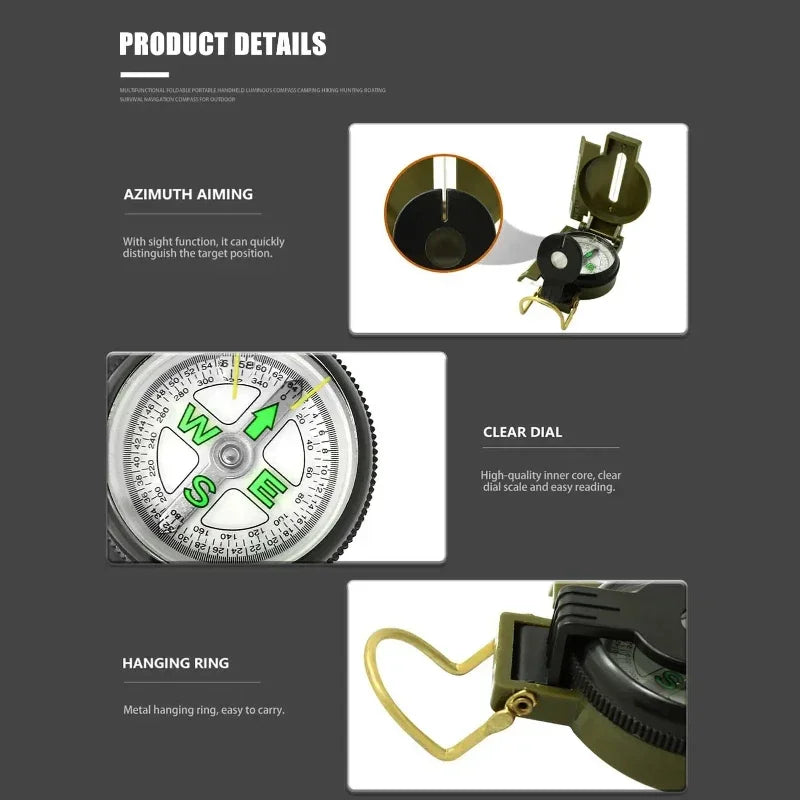 Aluminum alloy Portable Army Green Folding Lens Compass Metal Military Marching Lensatic Camping Compass Guide High Precision