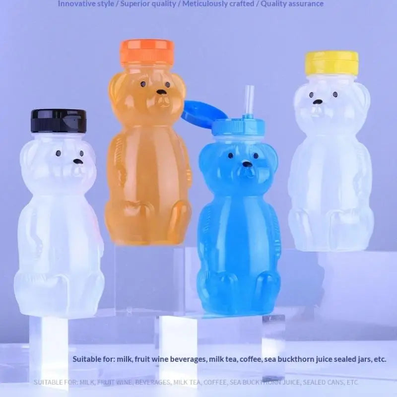 Cute Bear Shaped Bottle Plastic Drink Container Cartoon Honey Bear Straw Cup with Flexible Straws for Milk Juice Honey Storage