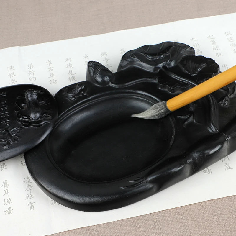 Carving Ink Stone Lotus Shaped Natural Calligraphy Rock Grinding Inkstone Plate Chinese Painting Calligraphie Strong Ink Inkslab