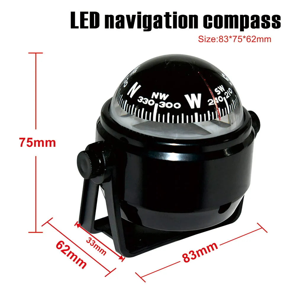 For Boat Yacht Car Waterproof Navigation Compass With Electronic LED Light White/Black Marine Sea Pivoting Marine Compass