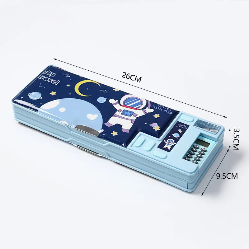 Built-in Calculator Plastic Stationery Box for Primary School Students Double-sided Open Pencil Case Creative Multi-functional