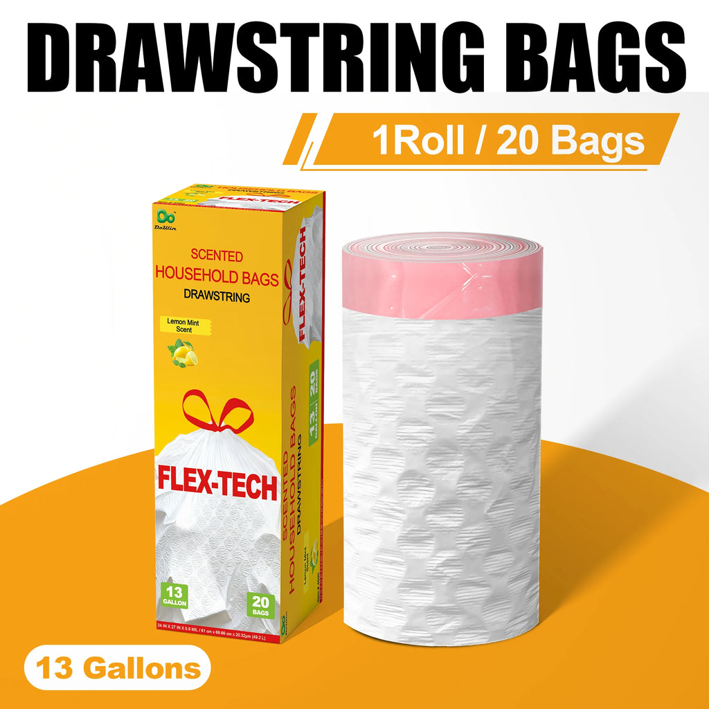 13 Gallon Lavender Scented Drawstring Trash Bags, Odor Neutralizing Household Garbage Bags, Flex-Tech 2X Reinforced Thick Top Ki
