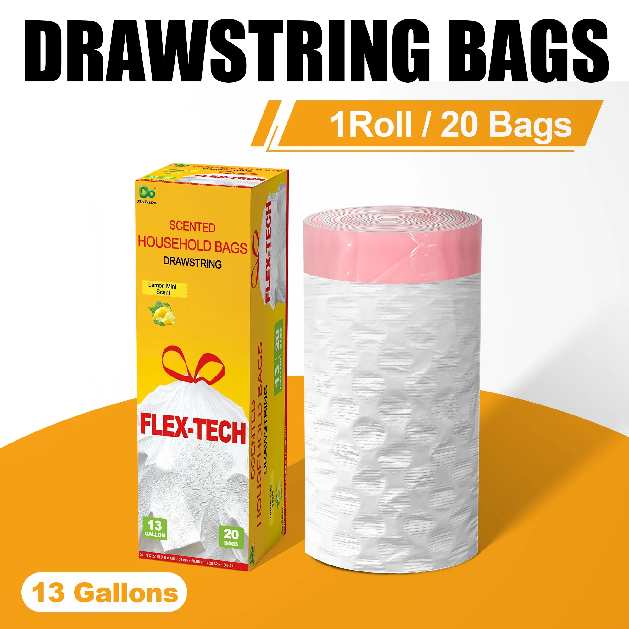 13 Gallon Lavender Scented Drawstring Trash Bags, Odor Neutralizing Household Garbage Bags, Flex-Tech 2X Reinforced Thick Top Ki