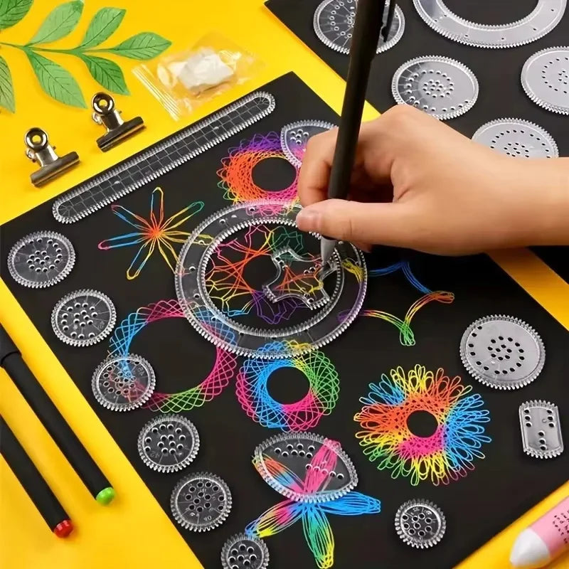 22-Pc Gear Drawing Ruler Set for Intricate Designs on Black Paper, with Stencils & Marker, Durable PC