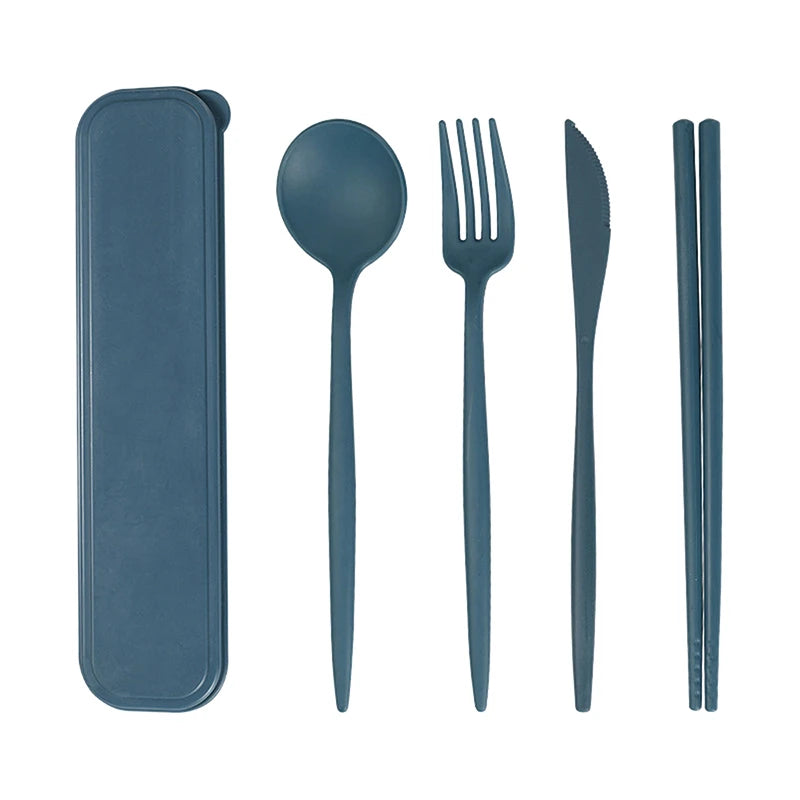 4Pcs/Set Portable Utensils With Box Healthy Eco-Friendly Wheat Straw Cutlery Reusable Chopstick Fork Knife Spoon Tableware Set