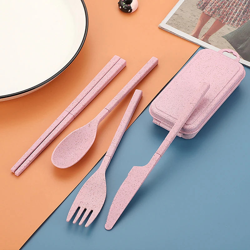 Portable Wheat Straw Fork Cutlery Set Foldable Folding Chopsticks Cutlery Set With Box Travel Kitchen Accessories