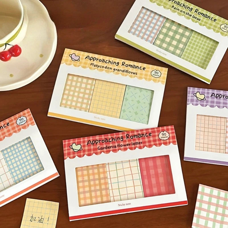 Kawaii Grid Sticky Notes Set, Cute Memo Pads Assorted Colors for Diary Journal Scrapbooking, Stationery Gift for School Office Supplies