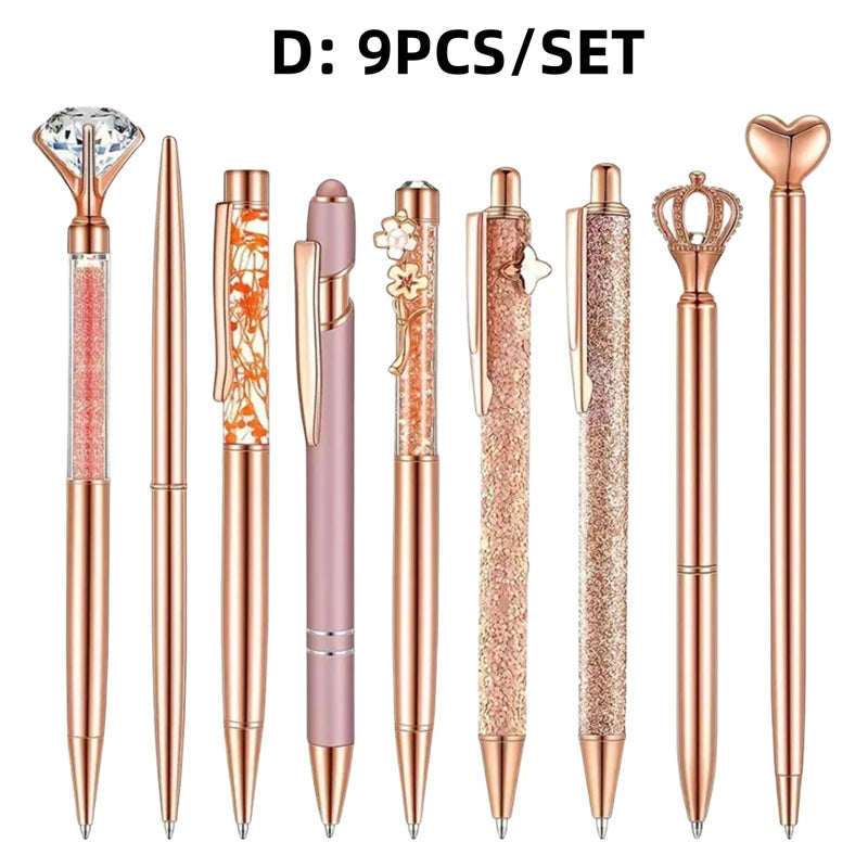3-9pcs Rose Golden Metal Ballpoint Pen Set, Pearl Quicksand Crown, Love Artificial Diamond,School&Office Supply Gifts,Weddings