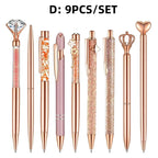 3-9pcs Rose Golden Metal Ballpoint Pen Set, Pearl Quicksand Crown, Love Artificial Diamond,School&Office Supply Gifts,Weddings