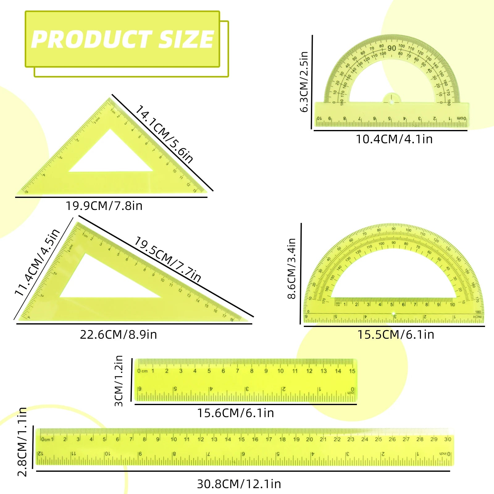 30cm Ruler Set - 6-Piece Measuring and Drawing Kit with Straight Ruler, Protractor, and Triangle Set