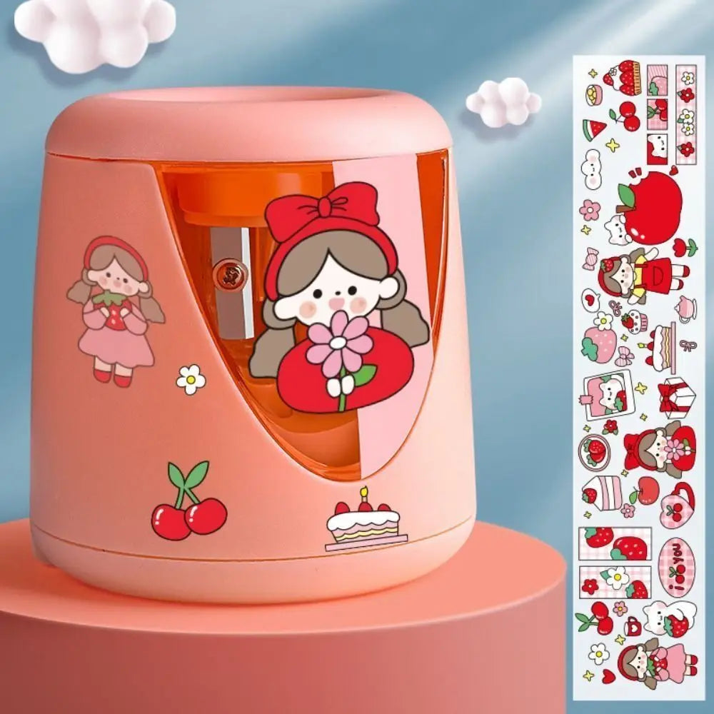 Cartoon with Decorative Sticker Switch Automatic Electric Pencil Sharpener Creative Stationery Mechanical Tool