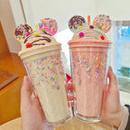 450ml Fashion Cartoon Ice Cream Straw Cup Adorable Plastic Bear Drinking Cup With Lid Milk Tea Cup For Women Girls Outdoor Home