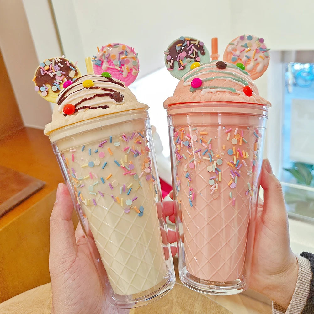 450ml Fashion Cartoon Ice Cream Straw Cup Adorable Plastic Bear Drinking Cup With Lid Milk Tea Cup For Women Girls Outdoor Home