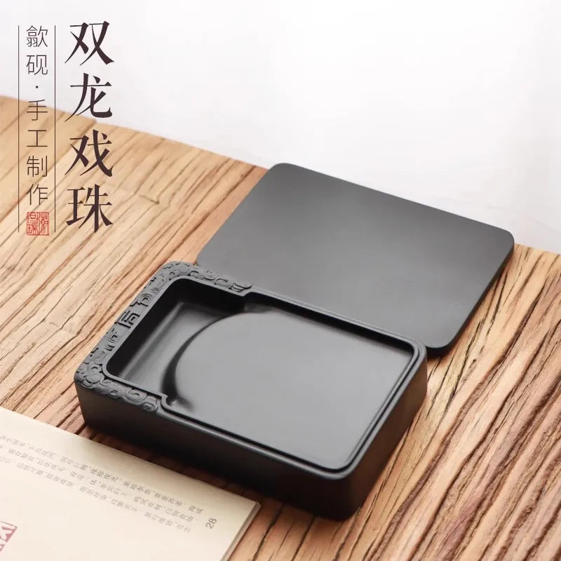 Natural Stone Rectangular Inkstone with Lid - Traditional Chinese Calligraphy Ink Slab, Four Treasures, Handmade Art Gift