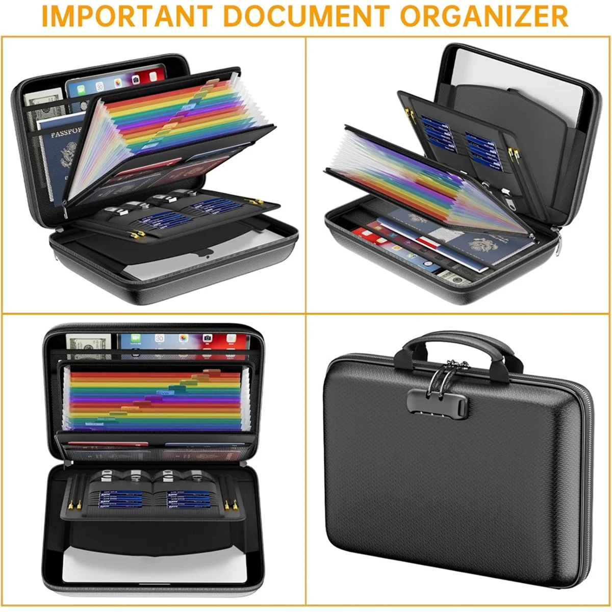 Fireproof File Organizer with Lock, Hard-Shell Case Fireproof Document Box with 13 Accordion File Folder, for Important