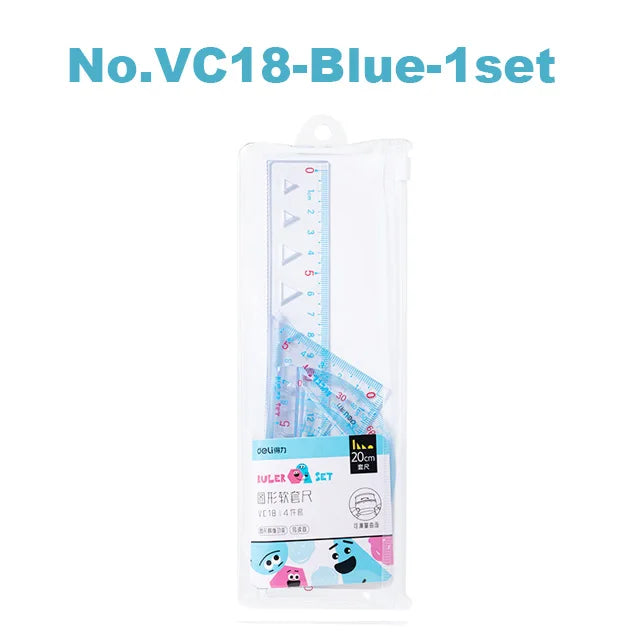 Deli 4pcs/set Transparent Soft Ruler Flexible Straight Triangle Rulers Protractor for Home Office Drawing Maths Measuring Tool