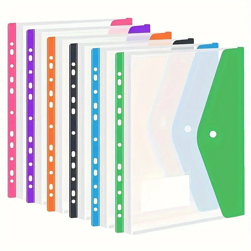 6 Pcs A4 Plastic Envelope with Adhesive Snaps 11-Hole Expansion Bag for 2/3/4 Ring Binders School Office File Storage Organizer