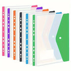 6 Pcs A4 Plastic Envelope with Adhesive Snaps 11-Hole Expansion Bag for 2/3/4 Ring Binders School Office File Storage Organizer