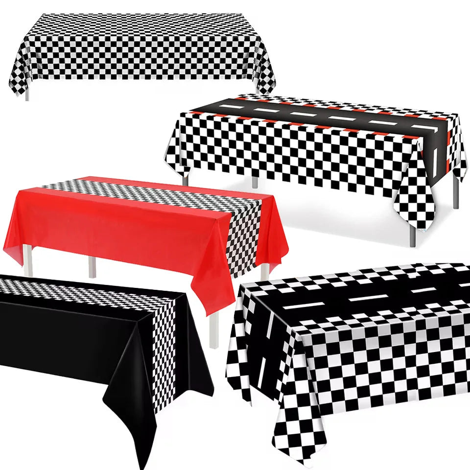 Race Car Theme Tablecloths Black White Checkered Rectangular Plastic Table Cover Racing Car Birthday Party Decorations Supplies