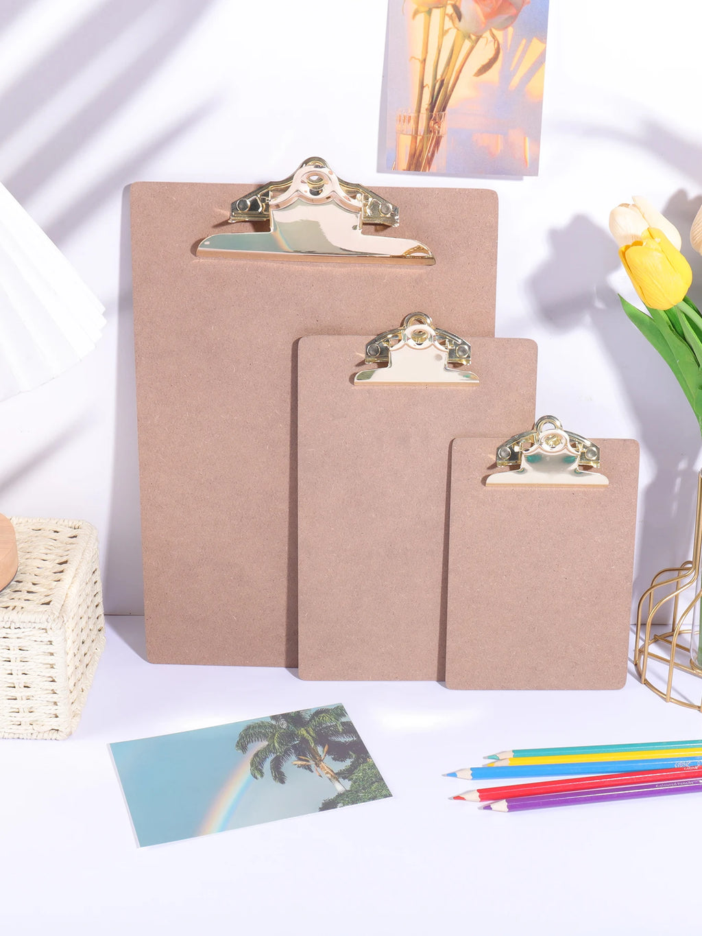 Wood Color Folder with Golden Metal Clip Different Sizes Portable Stylish Notes Ticket Holder Office School Stationery Supplies